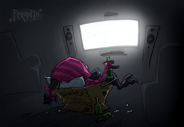 2_toes 3_fingers alcohol beverage blue_clothing bottle bottomwear box chair clothing container denim denim_bottomwear denim_clothing detailed_background electronics feet fingers furniture grey_background hoodie inside jeans light living_room male pants pink_clothing purple_body rear_view simple_background sitting solo speaker television toes topwear raiyk bioware electronic_arts mass_effect fan_character loganhen alien turian 2016 colored digital_media_(artwork) shaded signature