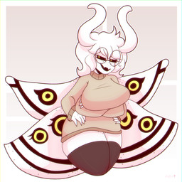 4_arms abstract_background antennae_(anatomy) big_breasts black_clothing black_sclera breasts clothed clothing crossed_arms eyewear fangs female freckled_face freckled_legs freckled_wings freckles glasses hair hands_on_hips happy legwear long_hair looking_at_viewer multi_arm multi_limb round_glasses simple_background solo sweater tan_background tan_clothing teeth thick_thighs thigh_highs topwear white_body white_hair wide_hips yellow_eyes zaffyx nov_(noveuxa) arthropod humanoid insect lepidopteran moth 1:1 hi_res signature
