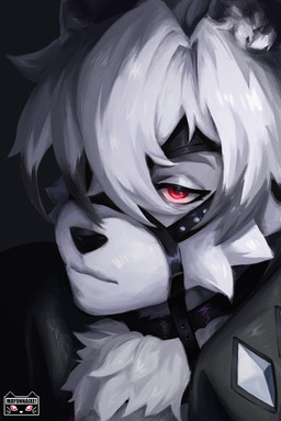 anthro biped fur hair looking_at_viewer male muzzle_(object) muzzled red_eyes solo white_body white_fur white_hair lumii mihoyo zenless_zone_zero von_lycaon canid canine canis mammal wolf 2024 2:3 absurd_res hi_res