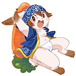 anthro asian_clothing brown_eyes brown_hair carrot chest_tuft clothing dipstick_ears ear_markings east_asian_clothing food fundoshi fur gloves_(marking) hair japanese_clothing kemono leg_markings male markings multicolored_ears navel one_tooth open_mouth plant robe socks_(marking) solo tuft underwear vegetable white_body white_fur x_navel mabo_(artist) lagomorph leporid mammal rabbit 1:1 2015 low_res