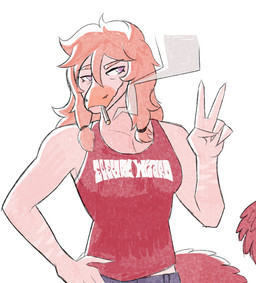 anthro biped breasts cigarette cigarette_in_mouth clothing crossgender feathered_tail feathers female fingers front_view gesture hair hand_gesture hand_on_hip humanoid_hands long_hair long_tail looking_aside markings mtf_crossgender non-mammal_breasts object_in_mouth orange_hair pink_body purple_eyes red_body red_clothing red_feathers red_shirt red_tank_top red_topwear shirt simple_background small_breasts smile smoking smoking_cigarette solo standing striped_markings stripes tail tank_top topwear v_sign white_background gretchin123 goodbye_volcano_high ko_op_(game_developer) reed_(gvh) reeda dinosaur dromaeosaurid prehistoric_species reptile saurischian scalie theropod velociraptor colored hi_res