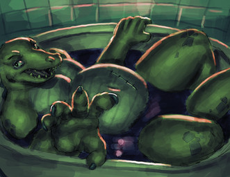 angry anthro bath bathing bathtub embarrassed green_body male nude overweight overweight_male reaching_towards_viewer solo water shybird where's_my_water? cranky_(where's_my_water?) alligator alligatorid crocodilian reptile scalie absurd_res hi_res