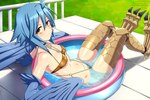 bikini blue_hair blue_wings blush breasts clothing feathered_wings feathers feet female hair kiddie_pool monster_girl_(genre) small_breasts smile solo swimwear talons toes two-piece_swimsuit under_boob water wings lindaroze_(artist) european_mythology greek_mythology monster_musume mythology papi_(monster_musume) animal_humanoid avian avian_humanoid harpy humanoid mythological_avian mythological_creature 3:2