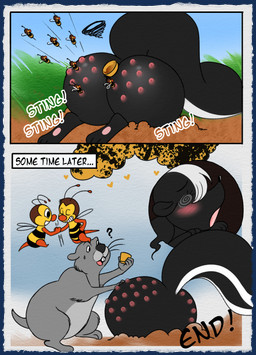 antennae_(anatomy) anthro bee_sting big_butt black_body black_fur blush butt cork cork_in_butt female feral fluffy fluffy_tail fur group insect_wings male pain question_mark raised_tail semi-anthro sound_effects stinger stuck swarm tail text white_body white_fur wings fridaysaturdaysunday disney winnie_the_pooh_(franchise) gopher_(winnie_the_pooh) lilac_le_fleur spike_the_bee arthropod bee gopher hymenopteran insect mammal mephitid rodent skunk comic english_text hi_res