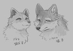 2024 aneri_(tsukune_minaga) canid canine canis character_name cheek_tuft closed_smile countershading digital_media_(artwork) duo facial_markings facial_tuft female feral fluffy fur greyscale haueru_(tsukune_minaga) head_markings headshot_portrait hybrid japanese_text male mammal markings monochrome mouth_closed multicolored_body multicolored_fur portrait prick_ears sketch smile text three-quarter_view tsukune_minaga tuft wolf wolfdog