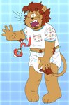 5_fingers ageplay anthro arm_tuft blush body_hair caught_in_the_act chibi clean_diaper clothed clothing covering covering_self cute_fangs diaper elbow_tuft embarrassed fangs fingers happy_trail infantilism knock-kneed male mane open_mouth pacifier pacifier_clip pantsless partially_clothed reaching red_mane roleplay shirt simple_background solo surprised_expression t-shirt teeth topwear tuft wearing_diaper slusheep alder_(shanghaiohmy) felid lion mammal pantherine 2022 digital_drawing_(artwork) digital_media_(artwork) flat_colors full-length_portrait hi_res portrait