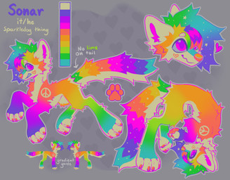 feral fur grey_background hair male multicolored_body multicolored_fur multicolored_hair multicolored_tail pink_eyes purple_eyes rainbow_body rainbow_fur rainbow_hair rainbow_tail simple_background solo sparklefur tail m1ss1ngtexture sonar_(m1ss1ngtexture) canid canine canis domestic_dog mammal hi_res model_sheet
