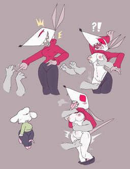 ambiguous_gender anthro anthro_penetrated aroused aroused_by_another big_breasts blush bodily_fluids bottomwear bottomwear_pull breast_fondling breast_play breasts breath clothed clothing clothing_pull disembodied_hand emanata female female/ambiguous female_focus fingering fingering_partner floppy_ears fondling fur gesture green_clothing grey_body grey_fur group group_sex hand_gesture hand_on_breast hands_on_hips interrobang laugh leggings legwear long_ears looking_at_another male motion_lines pants pants_pull penetration pointing pupils raised_tail rat_tail red_clothing red_sclera restrained sex sharp_teeth simple_background small_waist standing standing_sex surprised sweat sweater tail tail_between_legs tan_background teeth tongue tongue_grab tongue_out topless topwear turtleneck undressing_another vaginal vaginal_fingering white_body white_fur snazzle_snapp mitzi_(snappy) mammal mouse murid murine rat rodent 2026 digital_drawing_(artwork) digital_media_(artwork) sequence