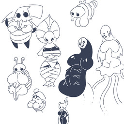 4_eyes antennae_(anatomy) anthro big_breasts biped black_body black_eyes breasts cloak closed_smile clothing club_(weapon) eyelashes featureless_breasts female group holding_melee_weapon holding_object holding_weapon melee_weapon motion_lines mouth_closed multi_eye open_mouth open_smile sitting smile standing weapon osakana2gou hollow_knight_(franchise) team_cherry bretta_(hollow_knight) cloth_(hollow_knight) godseeker_(hollow_knight) gruz_mother_(hollow_knight) midwife_(hollow_knight) monomon_the_teacher_(hollow_knight) myla_(hollow_knight) arthropod beetle insect vessel_(species) 1:1