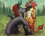 anthro asphyxiation bodily_fluids choking cyanosis duo fluffy fluffy_tail fur horn male male/male muscular muscular_anthro muscular_male red_body red_fur strangling tail tongue tongue_out kolkolukija bushiroad future_card_buddyfight demon_lord_dragon_batzz sun_dragon_bal hi_res