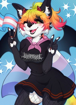 5_fingers alternative_fashion anthro big_breasts bigender_pride_colors black_body black_clothing black_fur black_lips blue_background blush bottomwear breasts cheek_tuft clothed clothed_anthro clothing facial_tuft fangs female fingers fishnet_clothing fishnet_legwear fur gesture goth gradient_hair hair hand_gesture happy horn inner_ear_fluff legwear lgbt_pride lips neck_tuft one_eye_closed open_mouth pride_colors short_hair simple_background skirt solo teeth transgender_pride_colors tuft v_sign white_body white_fur wings wink yellow_eyes crydogg domestic_cat felid feline felis mammal hi_res