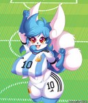 anthro argentina big_breasts blue_hair breasts female hair red_eyes solo text nyasplush argentina_national_football_team nintendo pokemon generation_6_pokemon meowstic pokemon_(species) absurd_res hi_res url