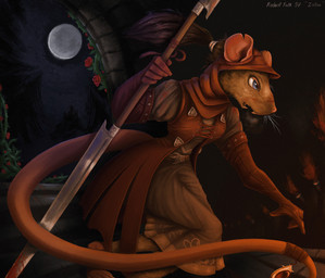 anthro barefoot blood bodily_fluids bottomwear clothed clothing eyelashes feet female flower fur glaive gloves hair handwear holding_melee_weapon holding_object holding_weapon hood jacket long_tail melee_weapon moon paws plant polearm rose_(flower) skirt sky snout solo standing tail text tied_hair toes topwear weapon whiskers gompami armello league_of_geeks zosha_(armello) mammal mouse murid murine rat rodent 2025 absurd_res english_text hi_res