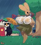 anthro big_breasts breasts clothed clothing duo female holding_object huge_breasts outside plant raining shovel solo_focus standing tools tree wet wet_clothing nsfwoaf animal_crossing nintendo coco_(animal_crossing) gyroid koala mammal marsupial vombatiform featureless_(disambiguation) hi_res