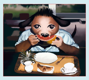 anthro biped black_ears black_hair blue_clothing blue_shirt blue_topwear border bread brown_body chair clothing container croissant cup cutlery eating food fruit furniture hair jug kitchen_utensils leaf looking_at_viewer male melon pastry pineapple plant plate saucer sharp_teeth shirt sitting solo spoon table tail tea_cup teeth tools topwear tray watermelon white_border boarboy canid canine canis domestic_dog mammal hi_res