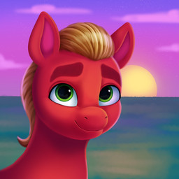 blonde_hair blonde_mane eyebrows feral green_eyes hair looking_at_viewer male mane red_body smile solo sun sunset thick_eyebrows malarkey_(artist) hasbro mlp_g5 my_little_pony sprout_cloverleaf_(mlp) earth_pony equid equine horse mammal pony 1:1 absurd_res hi_res portrait