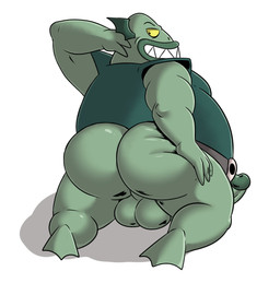 anthro balls big_butt bottomless bottomless_anthro bottomless_male butt clothed clothing genitals glans green_balls green_body green_butt green_clothing green_glans green_penis green_shirt green_topwear male overweight overweight_anthro overweight_male penis shirt simple_background solo teeth topwear white_background ofstrial disney star_vs._the_forces_of_evil buff_frog_(svtfoe) amphibian frog absurd_res hi_res