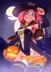 anthro blue_eyes breasts clothing ears_down female floppy_ears food fruit hair hat headgear headwear holding_clothing holding_hat holding_headgear holding_headwear holding_object holidays jack-o'-lantern long_ears looking_at_viewer lop_ears moon mountain night night_time outside pink_body pink_hair pivoted_ears plant pumpkin sky smile smiling_at_viewer solo standing star starry_sky tree witch_costume witch_hat keiron_white halloween fran_cervice lagomorph leporid mammal rabbit