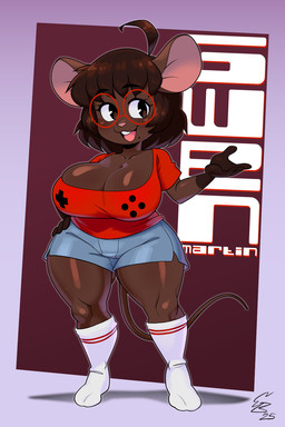ahoge anthro big_breasts blue_bottomwear blue_clothing blue_shorts bottomwear breasts brown_eyes brown_hair buckteeth cleavage clothed clothed_anthro clothed_female clothing eyewear female female_anthro footwear geometric_background glasses gloves_(marking) hair hand_on_hip markings mole_(marking) open_mouth open_smile pink_inner_ear pink_nose red_clothing red_eyewear red_glasses red_shirt red_topwear shirt short_hair short_stack shorts simple_background smile socks solo tail teeth text thick_thighs tongue topwear wearing_glasses white_clothing white_footwear white_socks cybertoxin gwen_geek gwen_martin mammal mouse murid murine rodent 2025 2:3 character_name hi_res