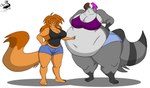 anthro big_breasts breasts clothed clothing duo female hair huge_breasts morbidly_obese morbidly_obese_female obese obese_female overweight overweight_female size_difference small_head thick_neck chrisandcompany daryl_vecat domestic_cat felid feline felis mammal procyonid raccoon letterbox