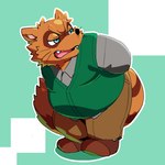 anthro black_nose blue_eyes bottomwear brown_body clothing kemono male open_mouth overweight overweight_male pants shirt simple_background solo sweater sweater_vest topwear vest gokrakstyle sengoku_puzzle shadow_ieyasu canid canine mammal raccoon_dog tanuki 1:1 2025 absurd_res hi_res