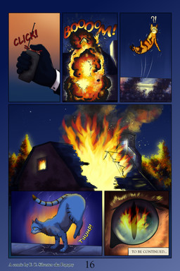 agent broken_window burning_building close-up detonator explosion female fence feral fire fur interrobang jumping landing male motion_lines night reflection shocked sound_effects startled striped_body striped_fur stripes surprised tabby_fur text to_be_continued pspspsy felicia_(pspspsy) african_wildcat felid feline felis human mammal wildcat 2:3 absurd_res comic english_text hi_res