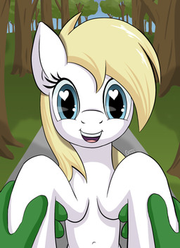 blonde_hair blue_eyes disembodied_hand duo female feral forest green_body green_skin hair heart_eyes heart_symbol navel plant road smile text tree aryanne gsuus_(artist) hasbro my_little_pony anon aryanne_(character) fan_character earth_pony equid equine horse mammal pony hi_res