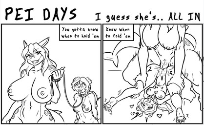 animal_genitalia anthro balls big_breasts bodily_fluids breasts collar cum cum_inside duo feet female female_penetrated from_front_position fur genital_fluids genitals gynomorph gynomorph/female gynomorph_penetrating gynomorph_penetrating_female hair hindpaw intersex intersex/female intersex_penetrating intersex_penetrating_female leash mating_press nipples nude open_mouth paws penetration penile penile_penetration penis penis_in_vagina sex tail text tongue vaginal vaginal_penetration vulva mox_sapphire sherri_mayim aquatic canid canine canis domestic_dog fish mammal shark comic digital_media_(artwork) english_text monochrome