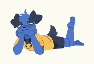 3_toes anthro barefoot black_collar black_nose blue_body blue_eyes blue_fur clothing collar cute_fangs fangs feet floppy_ears fur grey_body grey_fur half-closed_eyes hand_on_face looking_at_viewer lying male narrowed_eyes on_front one_eye_closed pupils shirt simple_background smile smirk solo sparkles swinging_legs teeth toes topwear white_background wink winking_at_viewer yellow_clothing yellow_shirt yellow_topwear dalueart dalue_(dalueart) canid canine canis domestic_dog mammal 2d_animation animated animated_webp loop