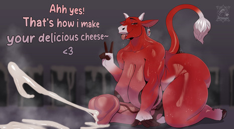 2_horns 5_fingers all_fours animal_genitalia animal_penis anthro anus areola balls big_areola big_breasts big_butt big_penis biped bodily_fluids breasts butt countershade_torso countershading crossgender cum cumshot detailed_background dialogue dock_(anatomy) ejaculation equine_genitalia equine_penis erection fingers flared_penis ftg_crossgender fti_crossgender fur genital_fluids genitals gesture glans glistening glistening_arms glistening_body glistening_breasts glistening_thighs gloves_(marking) gynomorph hand_gesture hooves horn huge_breasts huge_butt huge_penis humanoid_hands hyper hyper_genitalia hyper_penis intersex intersex_anthro leg_markings lips looking_at_viewer markings mismatched_animal_penis mismatched_genitalia mismatched_penis muscular muscular_intersex open_mouth open_smile penis puffy_anus red_body red_fur smile socks_(marking) solo sweat sweat_string sweaty_breasts sweaty_butt tail tail_tuft talking_to_viewer text thick_thighs tongue tongue_out tuft v_sign vein veiny_penis white_tail draeusz bel_group the_laughing_cow bovid bovine cattle dairy_cattle mammal absurd_res artist_name digital_media_(artwork) english_text hi_res shaded soft_shading watermark