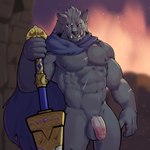 abs anthro balls barazoku biceps big_balls big_muscles big_penis blurred_background cape cape_only circumcised circumcision_scar clothing flaccid fur genital_scar genitals huge_muscles humanoid_genitalia humanoid_penis looking_at_viewer male melee_weapon mostly_nude muscular muscular_anthro muscular_male navel night nipples notched_ear nude outside pecs penis scar serratus solo standing sword teeth tuft weapon jrjresq elden_ring fromsoftware blaidd_(elden_ring) canid canine canis mammal wolf 1:1 2024 hi_res