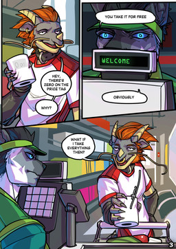 anthro black_collar blue_eyes cart cash_register claws clerk clothed clothing collar d-ring detailed_background dialogue duo ear_piercing ear_ring eye_contact facial_piercing fingerless_gloves food fur gloves green_cap green_clothing grey_body grey_fur grey_hair groceries grocery_shopping grocery_store hair handwear hat headgear headwear horn inside keypad looking_at_another male motion_lines mouth_closed multicolored_body multicolored_clothing multicolored_fur multicolored_shirt multicolored_t-shirt multicolored_topwear nose_piercing nose_ring open_mouth orange_hair piercing price_tag ring_piercing screen shirt shopping speech_bubble stare t-shirt text toilet_paper topwear two_tone_clothing two_tone_shirt two_tone_t-shirt two_tone_topwear visor_cap white_clothing white_shirt white_t-shirt white_topwear wide_eyed grumpy_gray_guy mythology gorelion canid canine canis dragon mammal mythological_creature mythological_scalie scalie wolf comic english_text hi_res