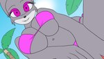 anthro big_breasts bikini biped breasts clothing eyelashes female grey_body looking_at_viewer navel one_eye_closed pupils side-tie_bikini smile solo string_bikini swimming_pool swimwear thick_thighs two-piece_swimsuit wink creatiffy geronimo_stilton_(series) thea_stilton mammal mouse murid murine rodent animated hi_res