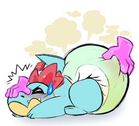 clothed clothing diaper diaper_check diaper_only disembodied_hand fart lying male on_front pinned pinned_to_ground side_view smelly solo topless wearing_diaper twinklecrinkle nintendo pokemon croconaw generation_2_pokemon pokemon_(species) hi_res