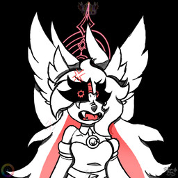 angry animal_ears anthro bare_shoulders black_background breasts clothing dress fangs female gloves hair halo handwear long_hair looking_at_viewer open_mouth red_eyes simple_background solo teeth wings ravyn_pain humanoid 1:1 absurd_res hi_res spot_color