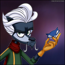 5_fingers anthro biped black_body black_border black_fur black_nose border clothed clothing eyebrows fingers fur gloves green_eyes hair handwear logo looking_at_viewer male red_scarf scarf simple_background solo text white_hair year verona7881 sly_cooper_(series) sony_corporation sony_interactive_entertainment sucker_punch_productions cyrille_le_paradox mammal mephitid skunk 2013