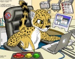 anthro chair claws computer control_room electronics furniture internet laptop male moderator office_chair pushbutton solo tail text whiskers railride apple_inc. apple_macintosh ch'marr cheetah felid feline mammal 2003 english_text