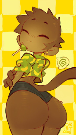 anthro big_butt bottomwear brown_body brown_fur brown_hair brown_tail butt candy clothed clothed_anthro clothed_female clothing dessert ear_piercing eyes_closed female female_anthro fingers food fur green_clothing green_shirt green_topwear hair huge_butt lollipop lollipop_in_mouth looking_back piercing pose shirt simple_background solo tail topwear yellow_background foresttherotten nana_(foresttherotten) haplorhine mammal monkey primate 2025 dated digital_drawing_(artwork) digital_media_(artwork) hi_res pinup portrait three-quarter_portrait