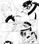 anthro armor blush clothing duo embarrassed kissing male male/male overalls pushing_away pushing_down text minor_human nintendo splatoon big_shot_(splatoon) fish marine salmonid_(splatoon) steelhead comic digital_drawing_(artwork) digital_media_(artwork) japanese_text monochrome