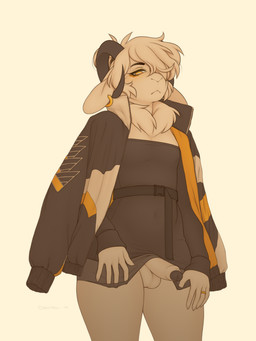 anthro balls big_ears bottomless buckle clothed clothing femboy foreskin fur genitals half-erect jacket looking_at_viewer male penis piercing ring solo streetwear topwear white_body white_fur nextel shuff bovid caprine mammal sheep digital_media_(artwork) hi_res portrait shaded three-quarter_portrait