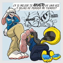 4_toes anthro big_feet blush bodily_fluids butt dialogue dirty dirty_feet duo feet foot_fetish foot_focus foot_lick foot_play huge_feet hyper hyper_feet licking male male/male soles speech_bubble stomping sweat sweaty_feet text toes tongue trampling underfoot wolfbuns pozole_(character) lagomorph leporid mammal rabbit 1:1 absurd_res hi_res spanish_text translated