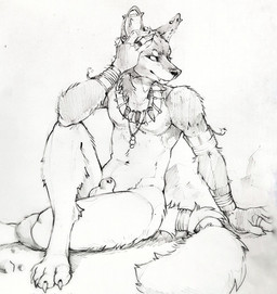 accessory animal_genitalia anthro arm_tuft armband balls closed_smile ear_piercing ear_stud fangs fluffy fluffy_tail furgonomics genitals industrial_piercing jewelry male mouth_closed navel necklace nude penis penis_tip piercing sheath shoulder_tuft simple_background sitting smile solo stud_piercing tail tail_accessory tailband teeth three-quarter_view tuft unsigned akatan_art canid canine canis coyote mammal 2022 full-length_portrait hi_res monochrome portrait traditional_media_(artwork)
