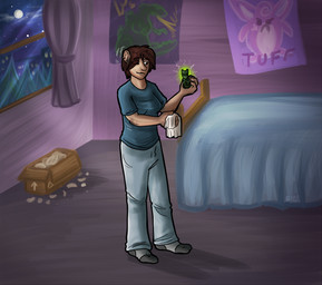 bed bedroom blue_clothing blue_shirt blue_topwear bottomwear box breasts cloth clothing container curtains denim denim_bottomwear denim_clothing female footwear furniture green_glow holding_object jeans magic_object pants poster shirt socks solo text topwear keetahspacecat human mammal english_text