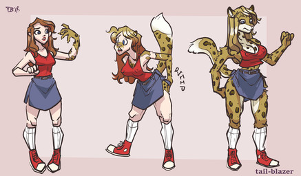 anthro base_one_layout basic_sequence biped blonde_hair blue_eyes bottomwear breast_expansion breasts brown_hair claws clothed clothing expansion female footwear growth hair hand_on_butt human_to_anthro linear_sequence long_hair nipple_outline one_row_layout open_mouth shirt shoes simple_background skirt solo species_transformation standing surprised tail tail_growth three_frame_image three_frame_sequence topwear torn_clothing transformation transformation_sequence tail-blazer tahlia felid human leopard mammal pantherine 2018 digital_media_(artwork) sequence shaded