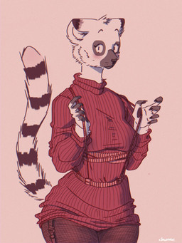 anthro big_breasts blush breasts cheek_tuft embarrassed eyelashes facial_tuft female fluffy fluffy_tail leather leather_strap long_eyelashes looking_at_viewer simple_background slightly_chubby solo standing straps tail tuft churroz lemmie_(churroz) lemur mammal primate strepsirrhine 3:4 colored_sketch hi_res sketch