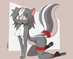 anthro black_body black_fur black_hair breasts butt chest_tuft clothed clothing crotch_tuft featureless_breasts female fur hair kneeling looking_at_viewer markings open_mouth partially_clothed paws red_eyes smile solo striped_hair striped_markings striped_tail stripes tail tail_markings tuft biddoboss tala_(biddoboss) mammal mephitid skunk 2024 hi_res signature