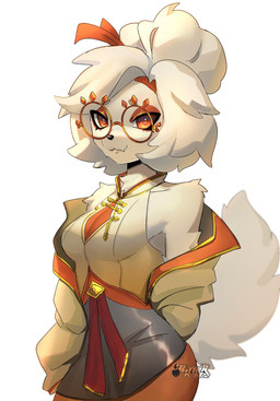 :3 accessory alternate_species amber_eyes anthro black_nose blonde_hair breasts clothed clothing dress eyelashes eyewear female fully_clothed fur furrification glasses hair hair_accessory hair_bun hair_ribbon hairband jacket looking_at_viewer ribbons short_hair simple_background smile solo standing text topwear white_background white_body white_fur bitterk4t breath_of_the_wild nintendo tears_of_the_kingdom the_legend_of_zelda purah canid canine canis domestic_dog mammal 2023 artist_name hi_res watermark