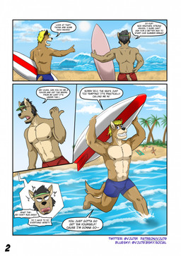 angry anthro back_muscles beach black_hair blonde_hair blue_bottomwear blue_clothing blue_eyes blue_shorts bottomwear brown_body brown_fur clothed clothing cloud coconut_tree day dialogue foot_in_water fruit_tree fur gesture green_eyes group hair hand_gesture happy hat headgear headwear holding_object holding_surfboard male muscular navel nipples outside page_number palm_tree pecs plant pointing rear_view red_bottomwear red_clothing red_shorts sea shorts sky smile surfboard swimming_trunks swimwear tail text topless topless_anthro topless_male tree visor_cap water wave vju79 background_character guss_(vju79) roj_(vju79) canid canine canis mammal wolf comic english_text hi_res url
