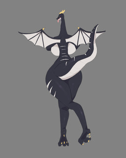2_horns 4_toes anthro arms_bent big_breasts biped black_body black_eyes black_skin black_tail blush blush_lines breasts butt claws curvy_figure eyelashes feet female female_anthro glistening glistening_eyes grey_background grey_body grey_breasts grey_scales grey_skin grey_tail grey_wings head_markings horn hourglass_figure huge_breasts long_neck markings membrane_(anatomy) membranous_wings no_pupils non-mammal_breasts nude nude_anthro nude_female open_mouth pink_tongue rear_view scales simple_background small_waist snout solo spikes spikes_(anatomy) spread_wings tail talons tapering_tail thick_tail thick_thighs toe_claws toes tongue tongue_out two_tone_tail ventral_scales white_sclera wide_hips wing_spikes wings yellow_horn abyss_creature_(artist) european_mythology maplestory mythology nexon mir_(maplestory) dragon mythological_creature mythological_scalie onyx_dragon_(maplestory) scalie western_dragon 2024 4:5 absurd_res cel_shading digital_media_(artwork) full-length_portrait hi_res portrait shaded