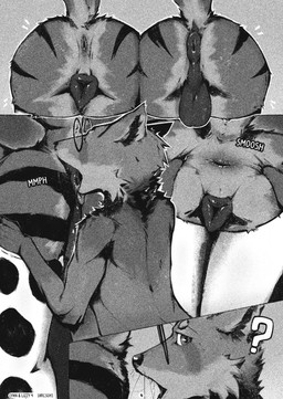 anal animal_genitalia animal_print animal_vulva anthro anus balls butt canine_genitalia canine_vulva cow_print female genitals group male male/female male/male male_rimming male_rimming_female oral presenting presenting_hindquarters raised_tail rimming rimming_female sex tail trio vulva arcsuh lizzy_(arcsuh) lynn_(arcsuh) zeek_(arcsuh) mammal procyonid raccoon absurd_res hi_res monochrome